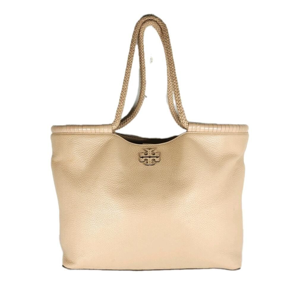 Tory Burch Taylor Beige Pebbled Leather Large Logo Tote Bag Shoulder Bag